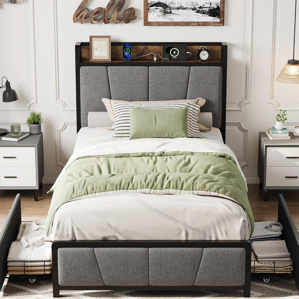 Twin Size Bed Frame with Storage Drawers and Charging Station A367