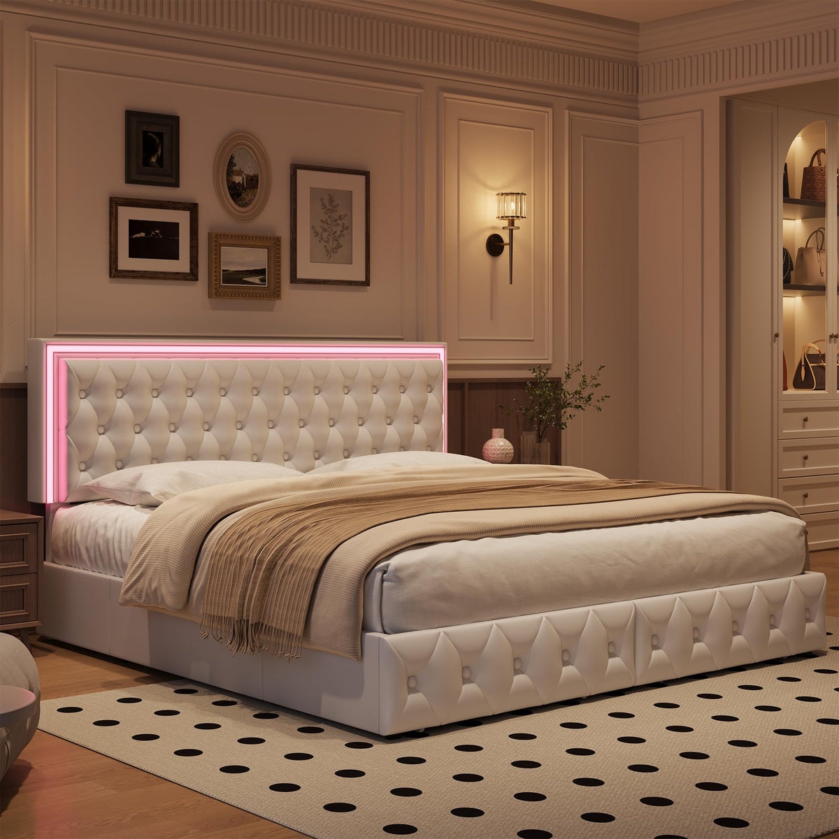 White Full Size LED Bed Frame with 4 Storage Drawers and Adjustable Headboard V934