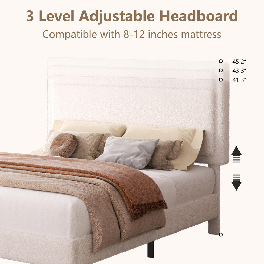 White Queen Size Upholstered Platform Bed Frame with Adjustable Headboard C438