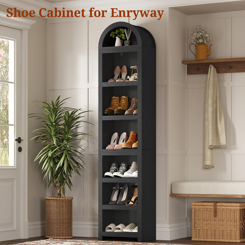 76" Tall Narrow Arched Bookcase, 7-Tier Adjustable Shelves, Black G658895