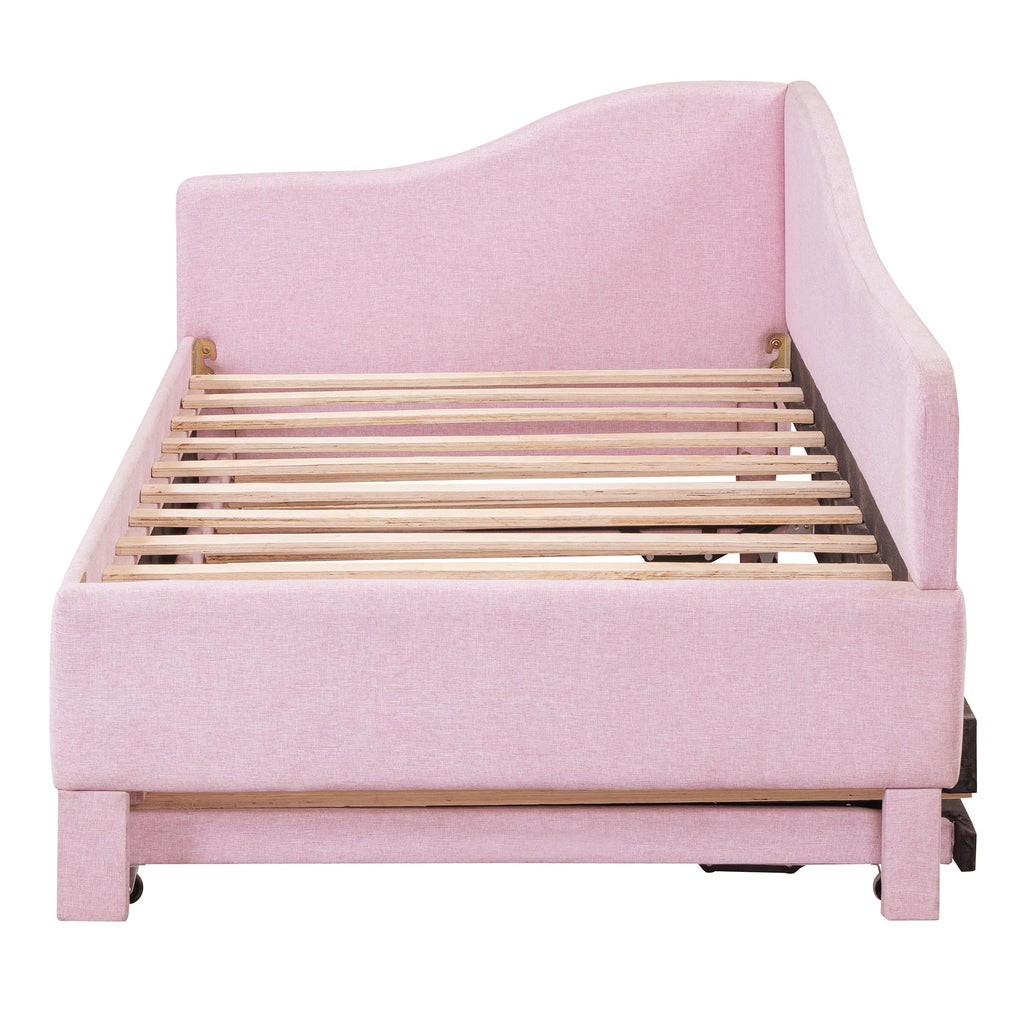 Pink Linen Upholstered Daybed with Pop Up Trundle K2790