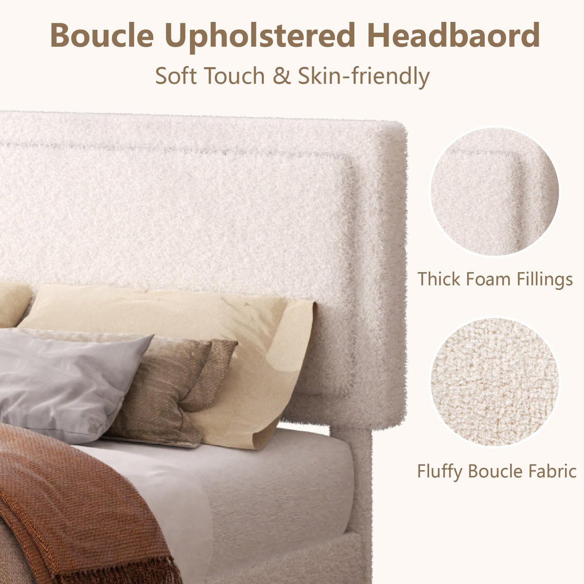White Queen Size Upholstered Platform Bed Frame with Adjustable Headboard C438