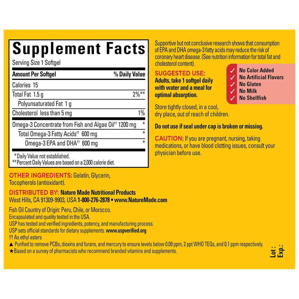 Omega 3 Fish Oil and Algae Oil Supplements 1200mg 60 Softgels D6969
