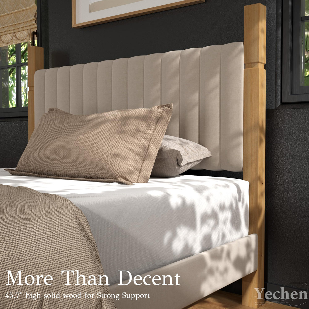 Queen Size Beige Linen Bed Frame with Headboard Q89464