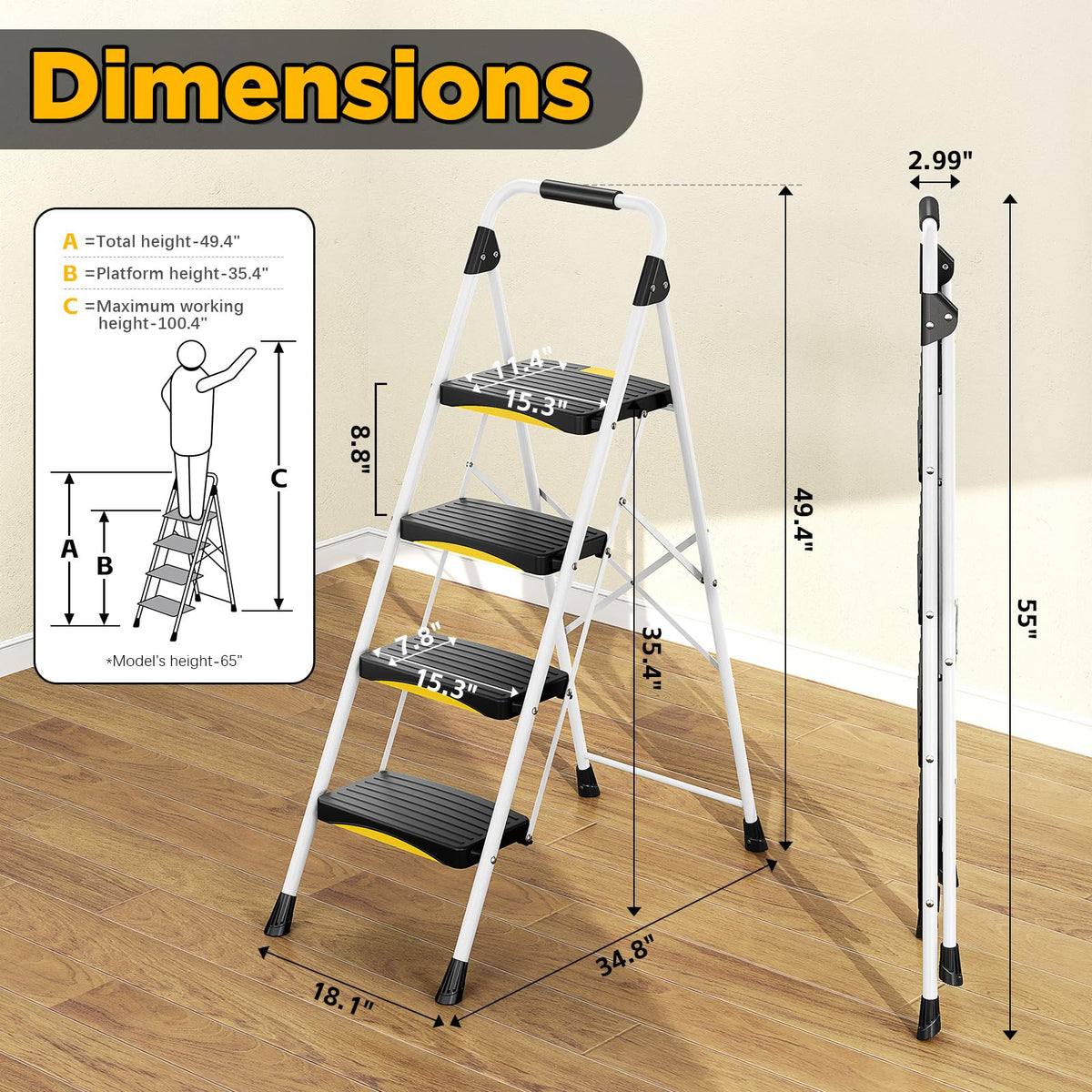 4 Step White Folding Step Stool J6169