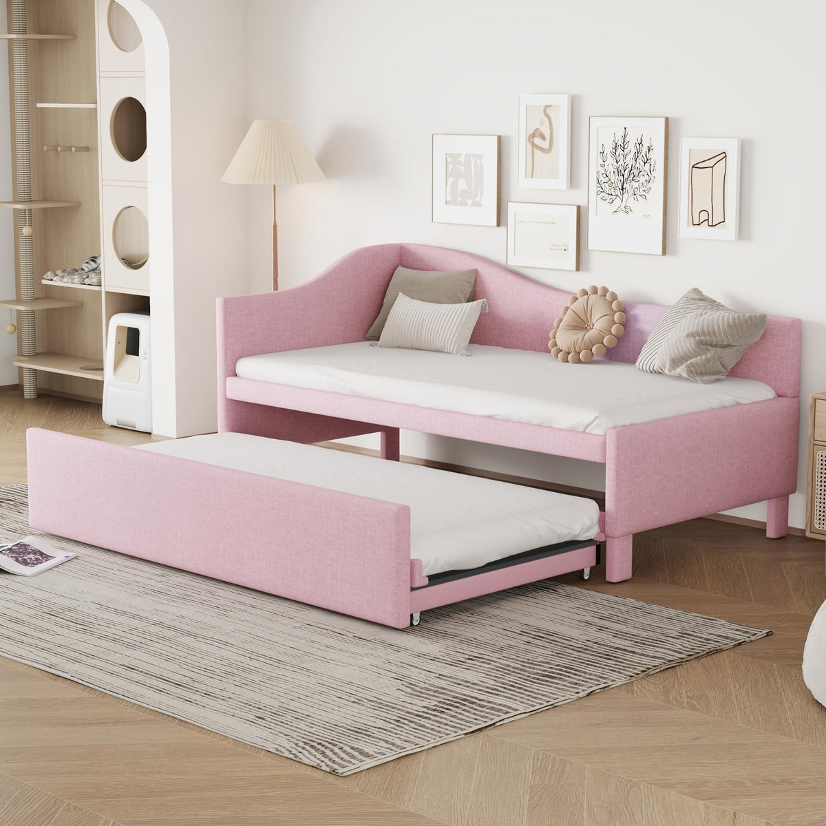Pink Linen Upholstered Daybed with Pop Up Trundle K2790