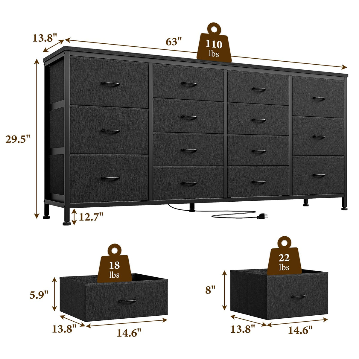 63 Inch TV Stand with 14 Fabric Drawers, Black J170658