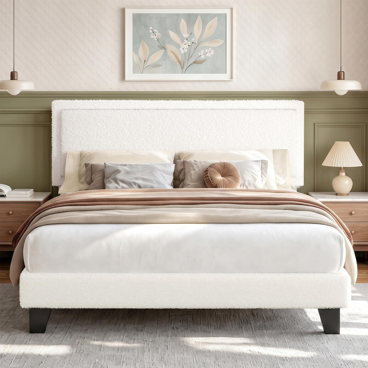 White Queen Size Upholstered Platform Bed Frame with Adjustable Headboard C438