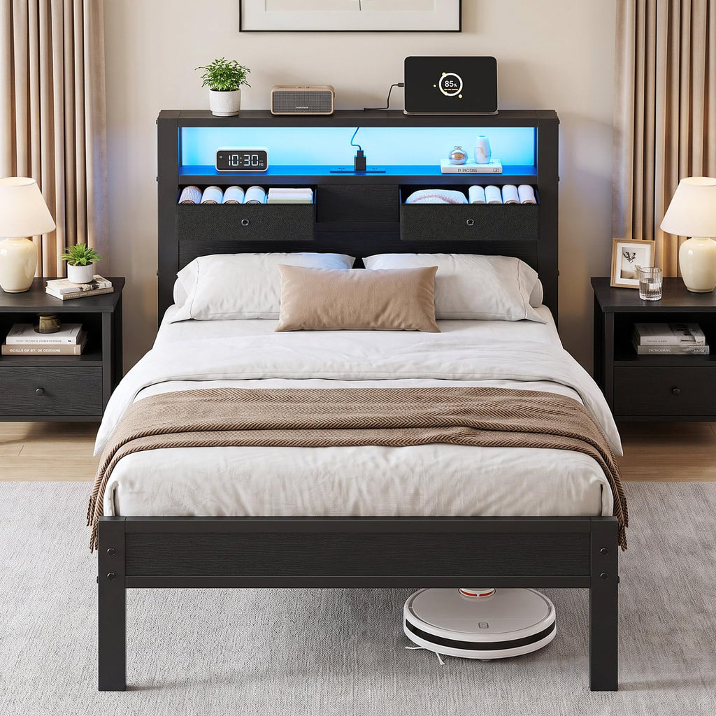 Twin Size Bed Frame with Storage Headboard and 2 Drawers V558