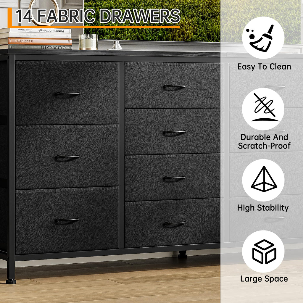 63 Inch TV Stand with 14 Fabric Drawers, Black J170658