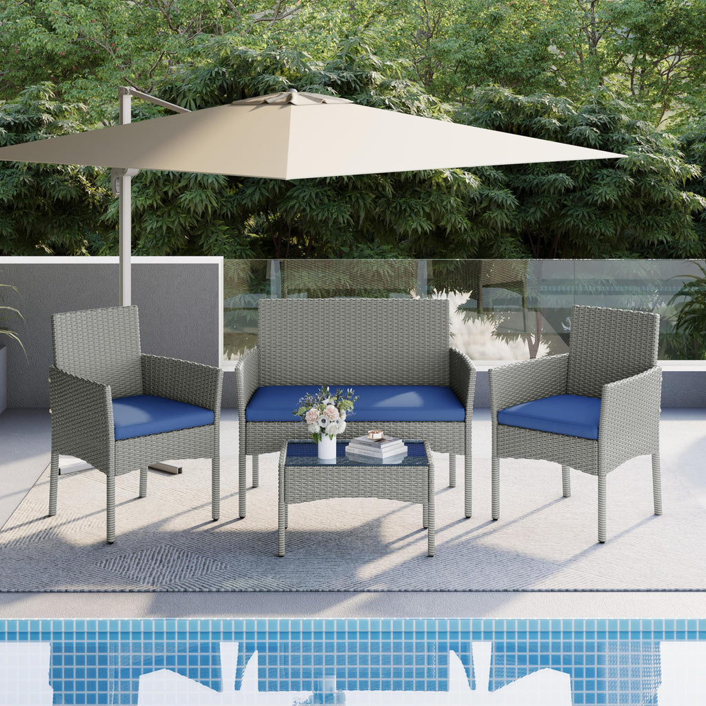 4 Pieces Rattan Wicker Patio Furniture Set with Cushion and Glass Table G7561