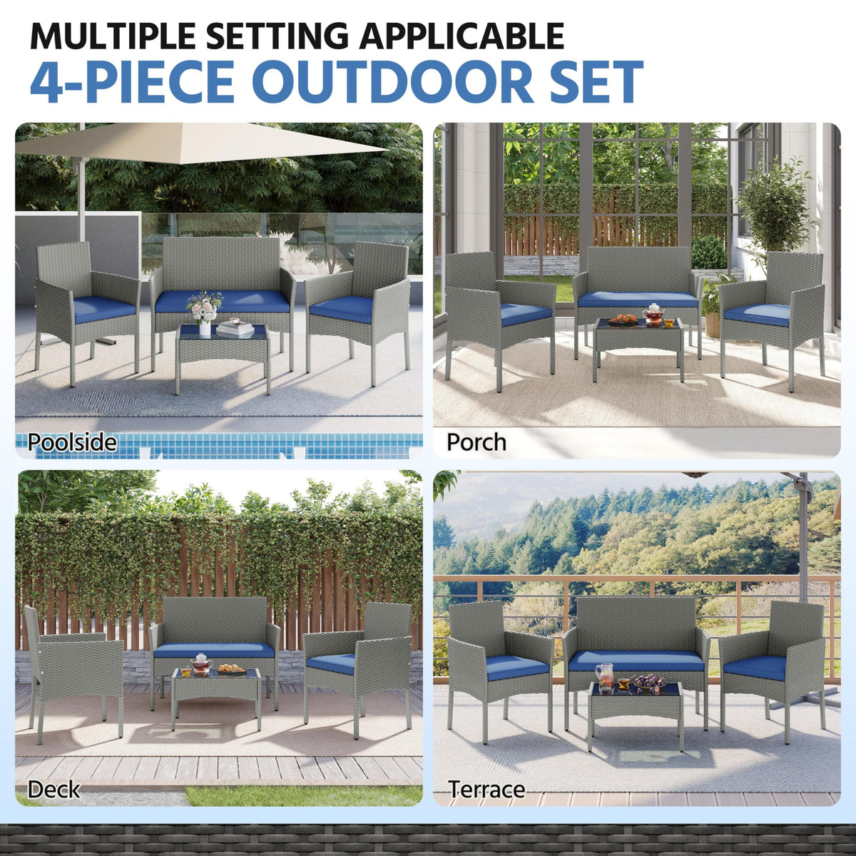 4 Pieces Rattan Wicker Patio Furniture Set with Cushion and Glass Table G7561