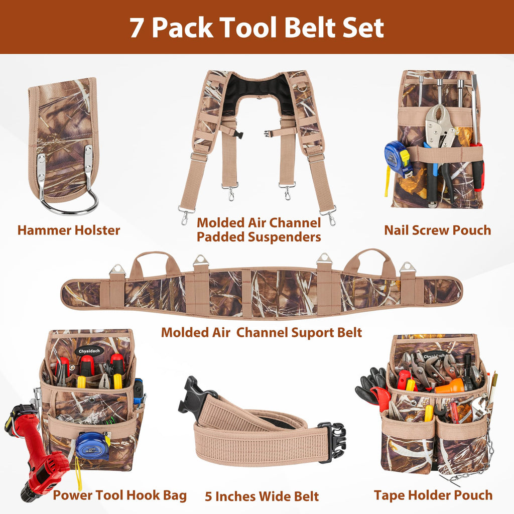 Camo 7 Piece Tool Belts with Suspenders and Pouches O297182