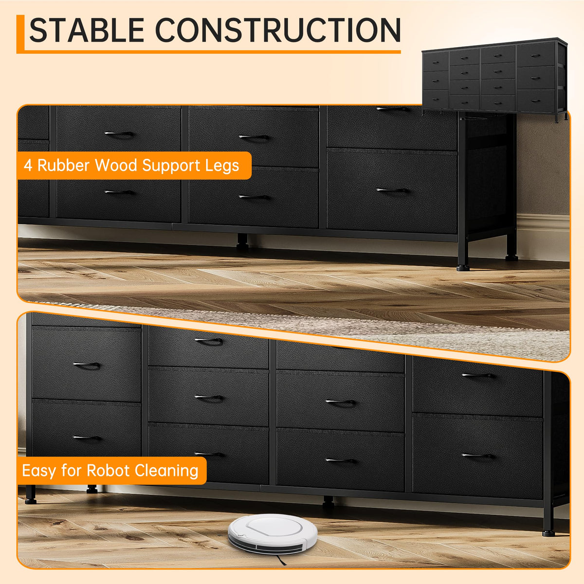 63 Inch TV Stand with 14 Fabric Drawers, Black J170658