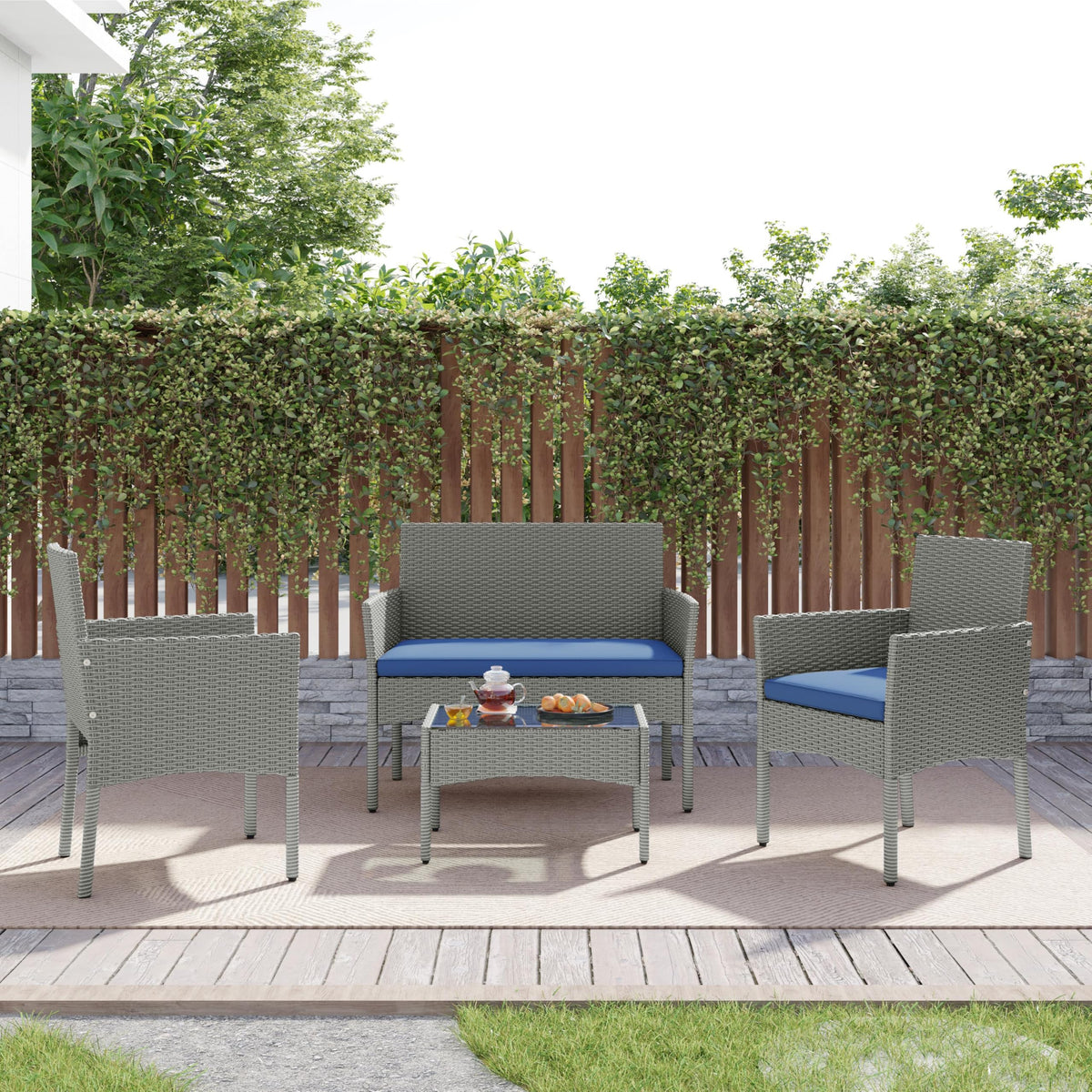 4 Pieces Rattan Wicker Patio Furniture Set with Cushion and Glass Table G7561