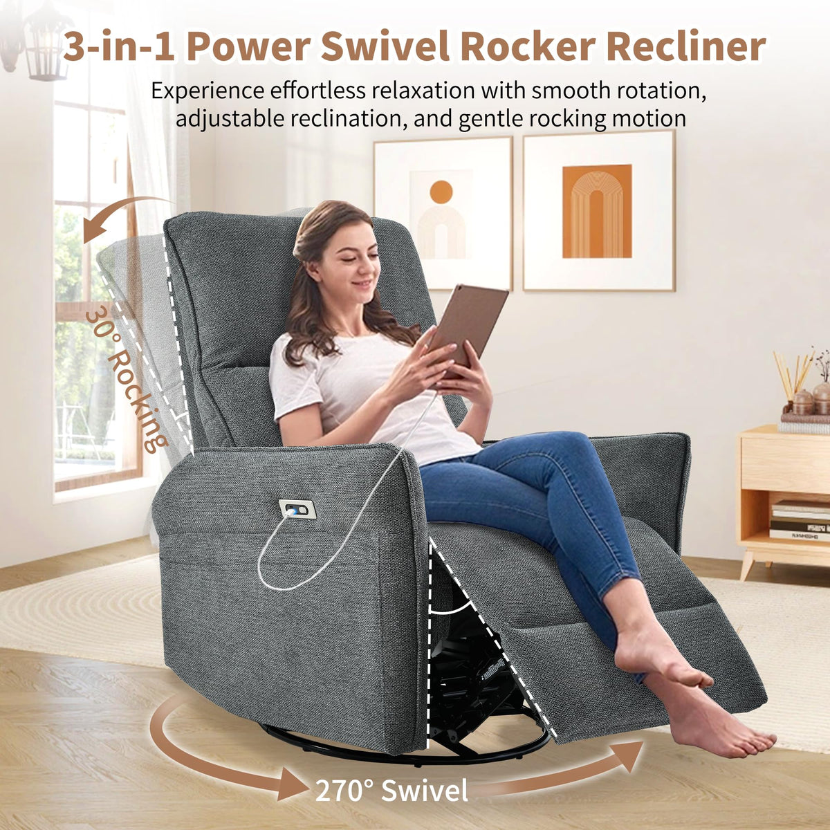 Power Swivel Rocker Recliner Chair Dark Gray V890