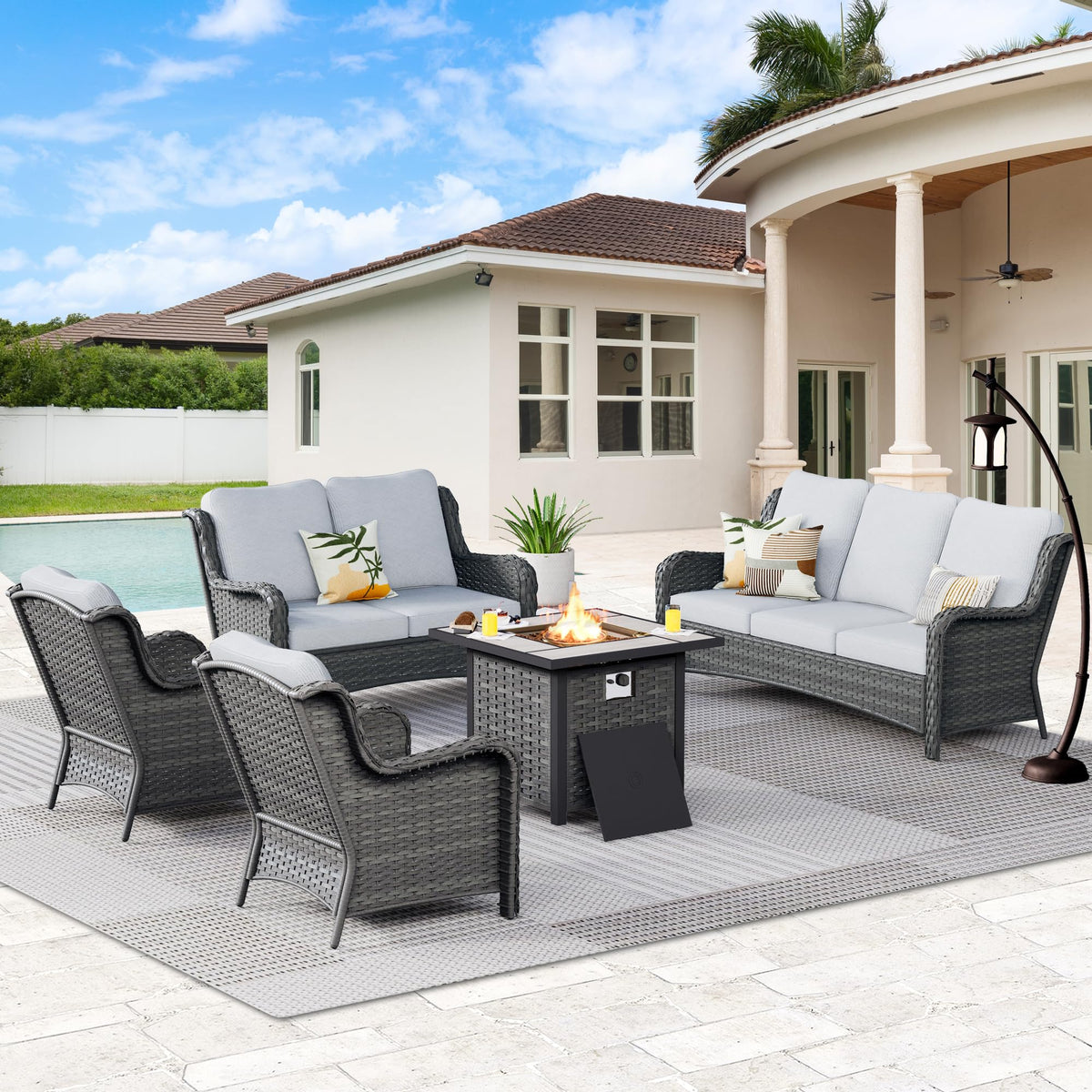 5 Piece Wicker Sofa Set with Fire Pit Table G232