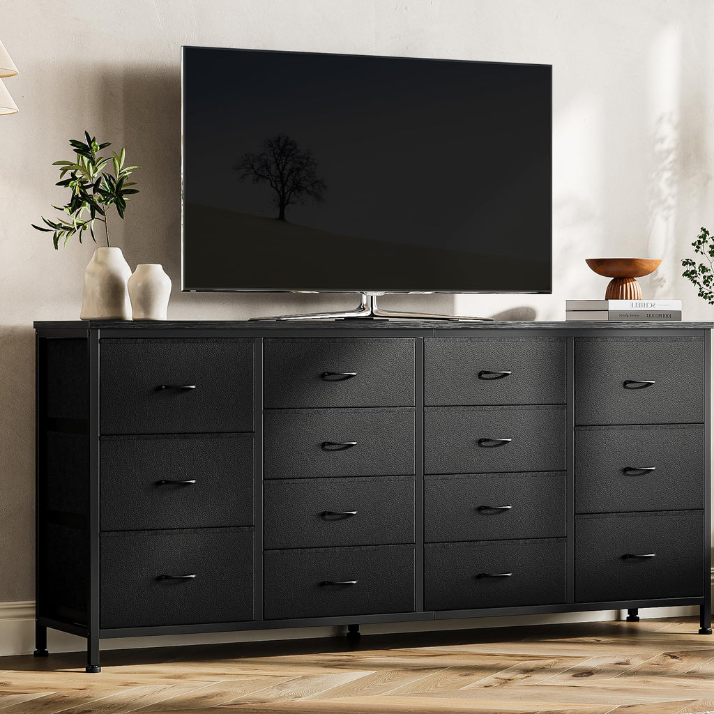63 Inch TV Stand with 14 Fabric Drawers, Black J170658