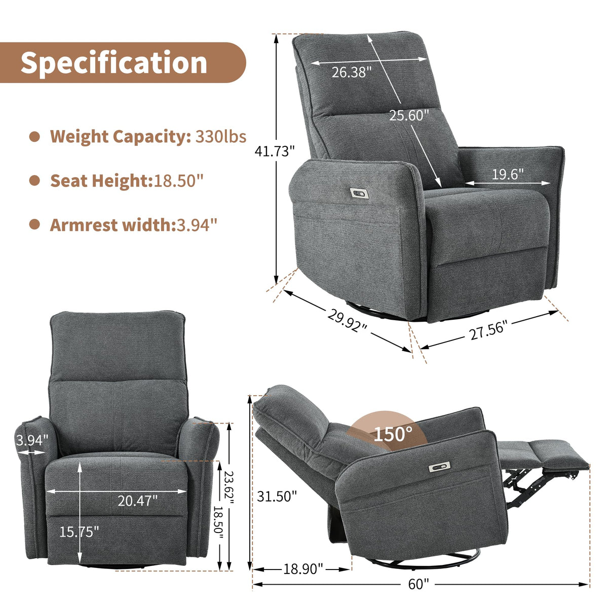Power Swivel Rocker Recliner Chair Dark Gray V890