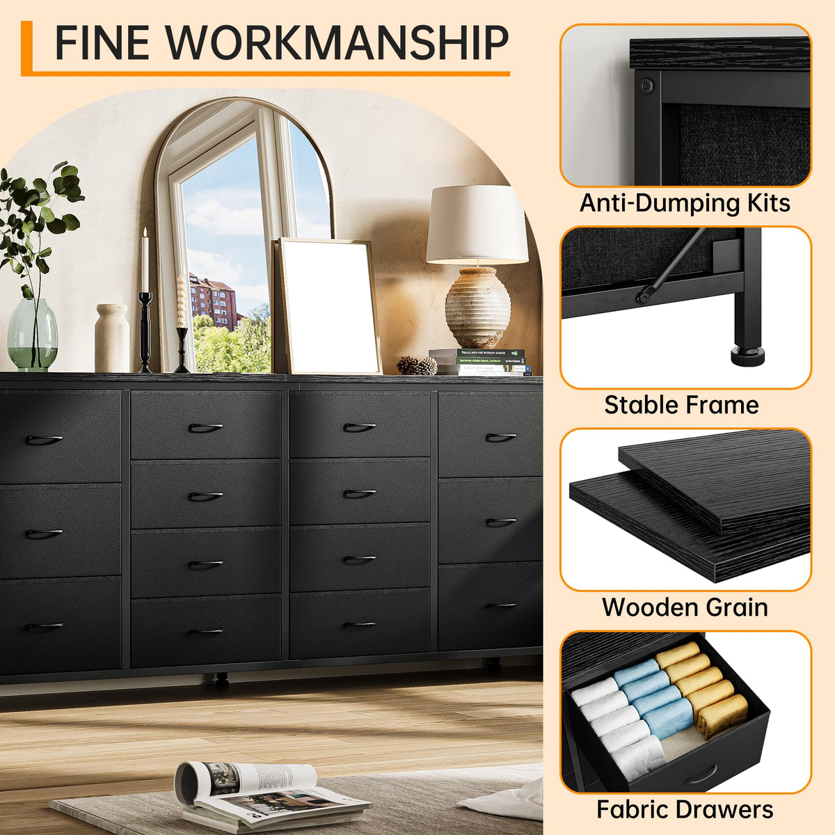 63 Inch TV Stand with 14 Fabric Drawers, Black J170658