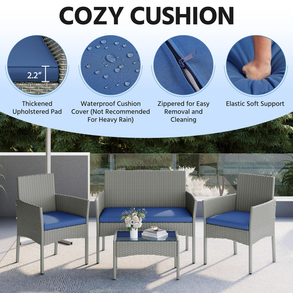 4 Pieces Rattan Wicker Patio Furniture Set with Cushion and Glass Table G7561