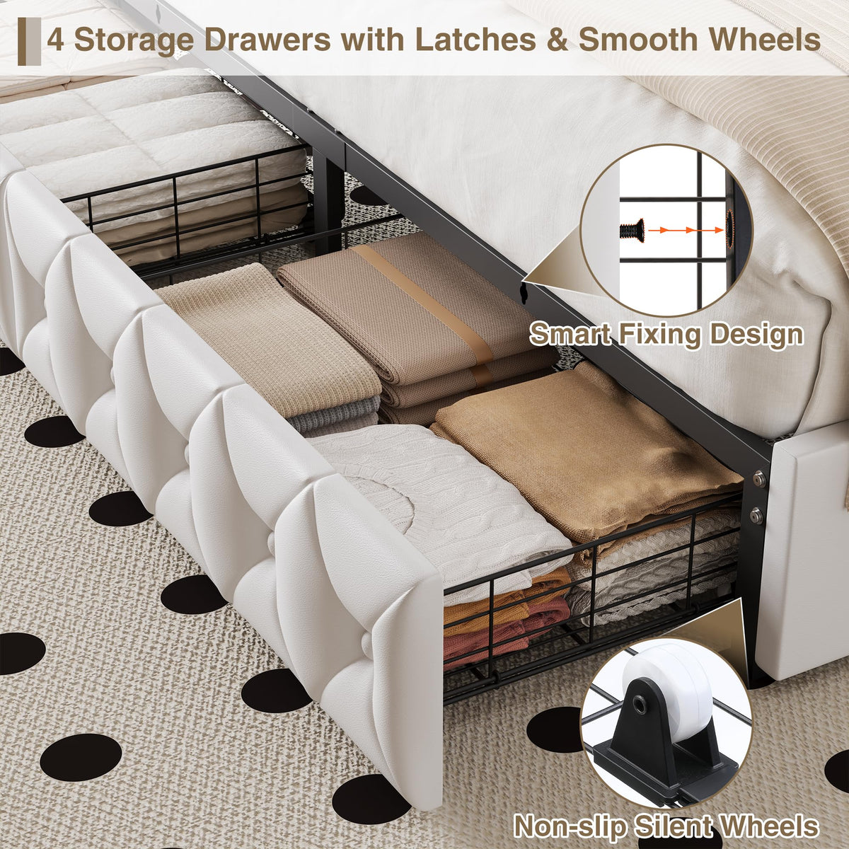 White Full Size LED Bed Frame with 4 Storage Drawers and Adjustable Headboard V934